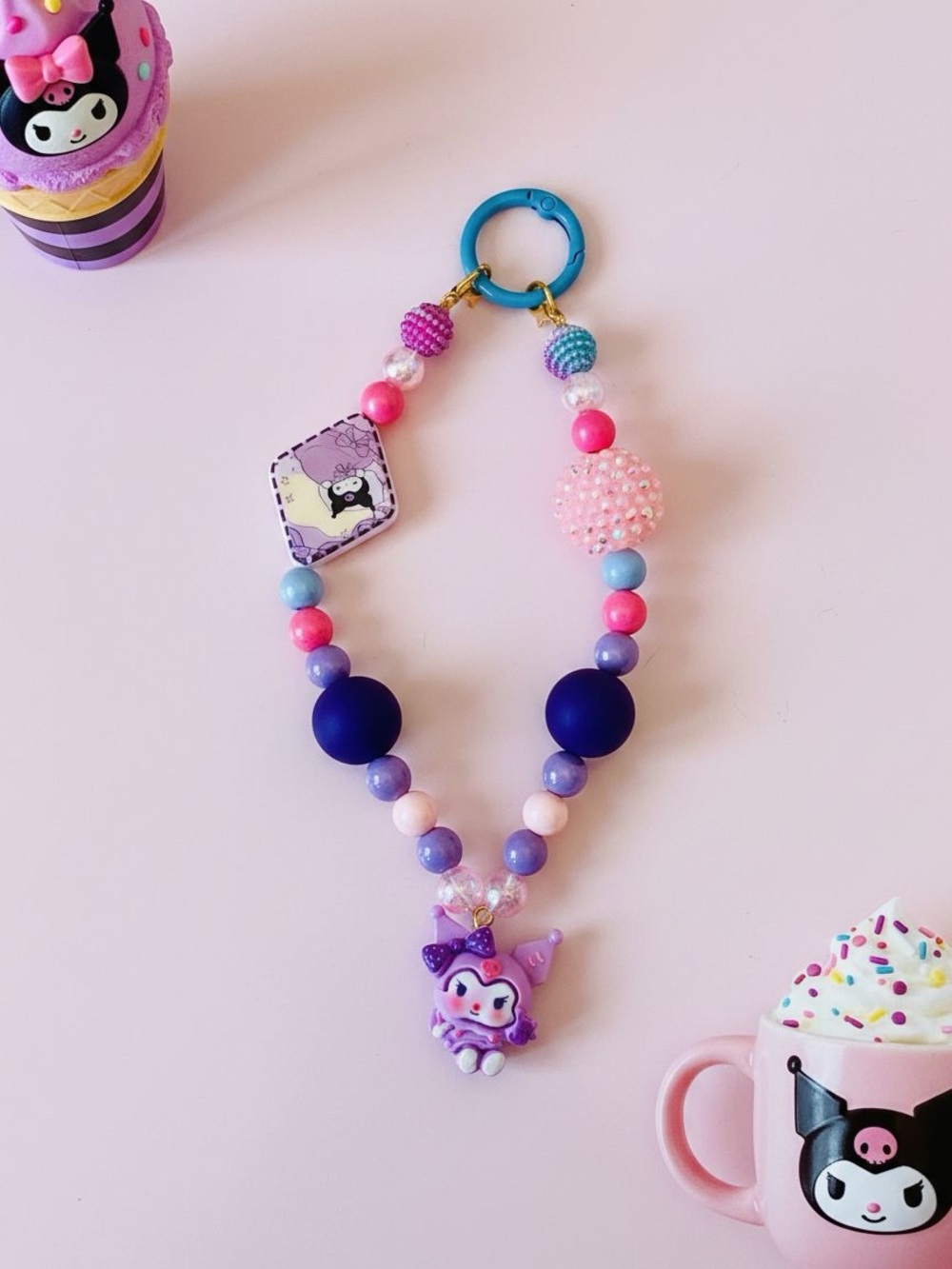 Hand Crafted Pink & Purple Beaded Keychain Lanyard with Character Kuromi